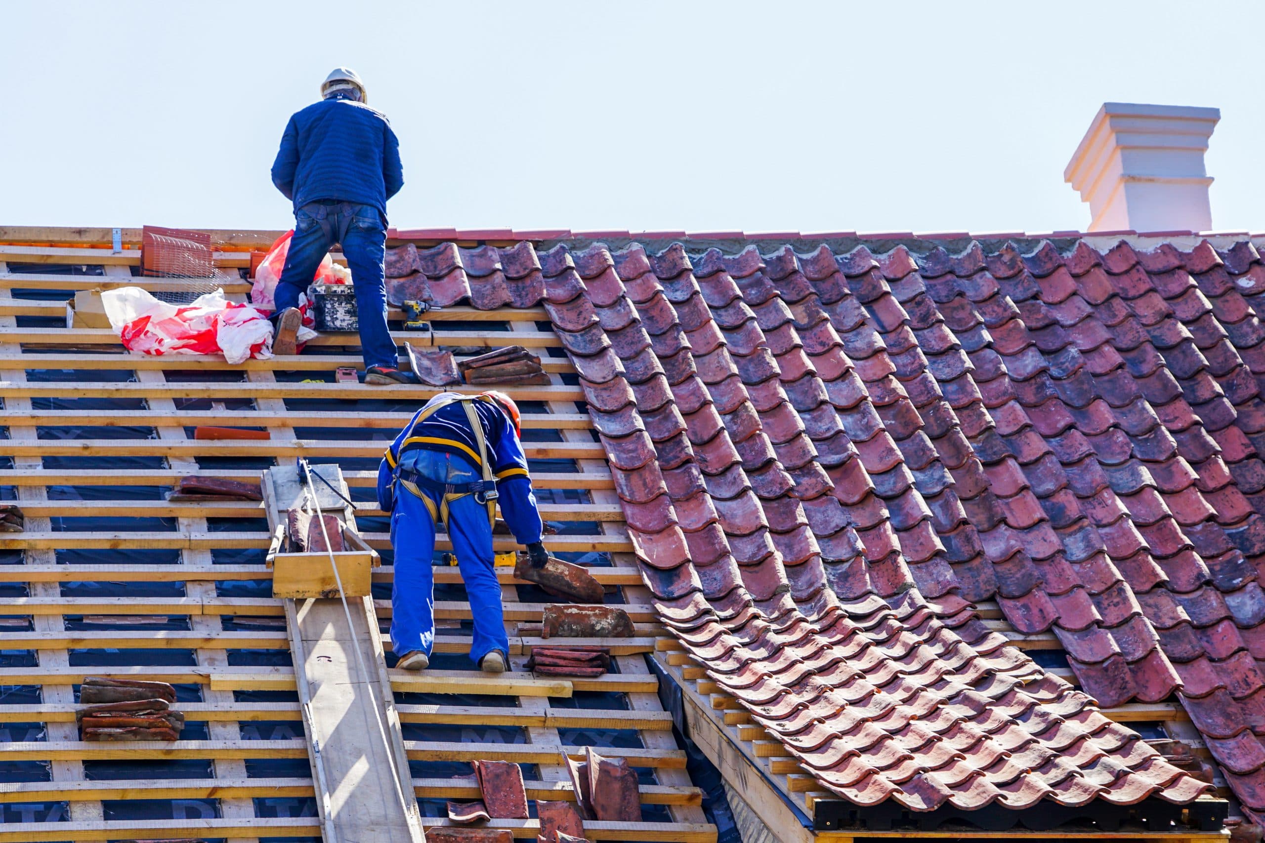 Roofer lifting clay roof tiles to reach the underlayment beneath
